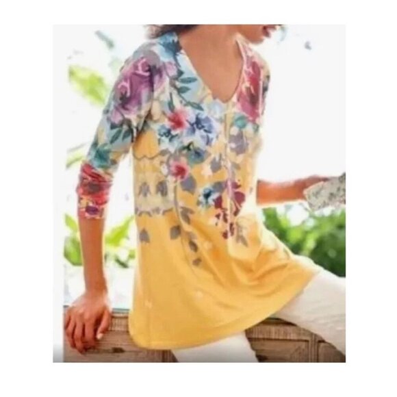 Soft Surroundings Delphina Knit Sweater Tunic Women Size Xs Yellow Multi Floral - Picture 4 of 4